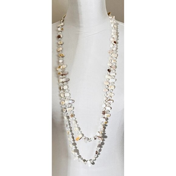 Beaded Long Necklace Off White Shell And Crystal Beads. Beautiful. - Picture 1 of 6